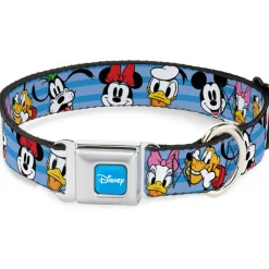 DISNEY Signature Full Color Blue/White Seatbelt Buckle Collar - Disney The Sensational Six Smiling Faces Stripe Blues