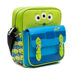 Disney Vegan Leather Crossbody Bag with Front Pocket, Toy Story Alien Bodice and Stacked Aliens Green Blue, 7.5" x 9"