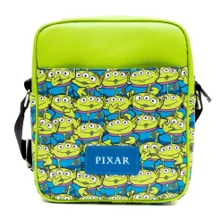 Disney Vegan Leather Crossbody Bag with Front Pocket, Toy Story Alien Bodice and Stacked Aliens Green Blue, 7.5" x 9"