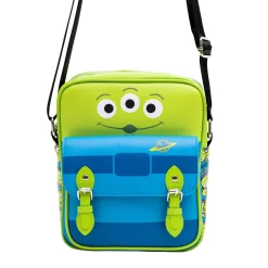 Disney Vegan Leather Crossbody Bag with Front Pocket, Toy Story Alien Bodice and Stacked Aliens Green Blue, 7.5" x 9"