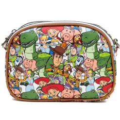 Disney Vegan Leather Crossbody bag with Adjustable Straps, Lilo & Stitch Stitch Close Up Lick Pose Applique, Blue, Toy Story Characters Stacked Multi Color, 8" x 7"