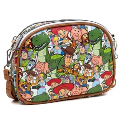 Disney Vegan Leather Crossbody bag with Adjustable Straps, Lilo & Stitch Stitch Close Up Lick Pose Applique, Blue, Toy Story Characters Stacked Multi Color, 8" x 7"