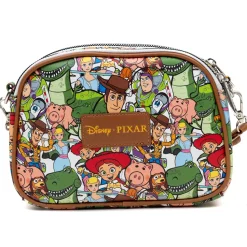 Disney Vegan Leather Crossbody bag with Adjustable Straps, Lilo & Stitch Stitch Close Up Lick Pose Applique, Blue, Toy Story Characters Stacked Multi Color, 8" x 7"