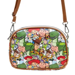 Disney Vegan Leather Crossbody bag with Adjustable Straps, Lilo & Stitch Stitch Close Up Lick Pose Applique, Blue, Toy Story Characters Stacked Multi Color, 8" x 7"