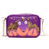 Disney Vegan Leather Crossbody bag with Adjustable Straps, Moana Tamatoa Character Close Up Pose Applique, Purple, 8.5" x 6.0"