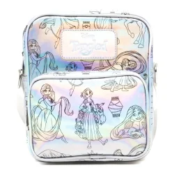 Disney Vegan Leather Cross Body Backpack with Adjustable Strap, Tangled Rapunzel Poses Iridescent Holographic