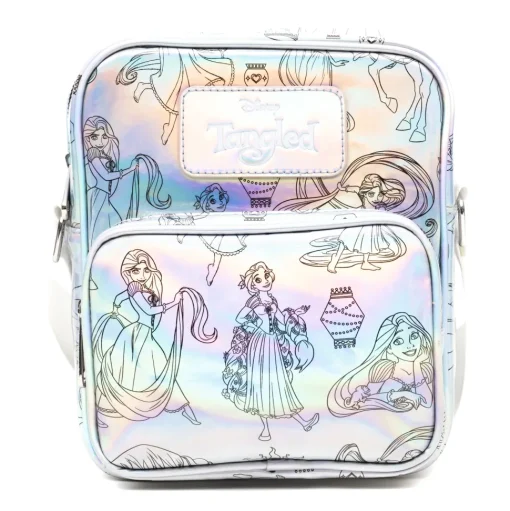Disney Vegan Leather Cross Body Backpack with Adjustable Strap, Tangled Rapunzel Poses Iridescent Holographic