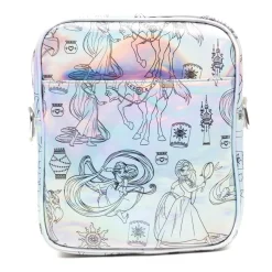 Disney Vegan Leather Cross Body Backpack with Adjustable Strap, Tangled Rapunzel Poses Iridescent Holographic