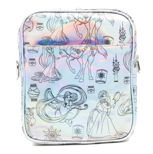 Disney Vegan Leather Cross Body Backpack with Adjustable Strap, Tangled Rapunzel Poses Iridescent Holographic