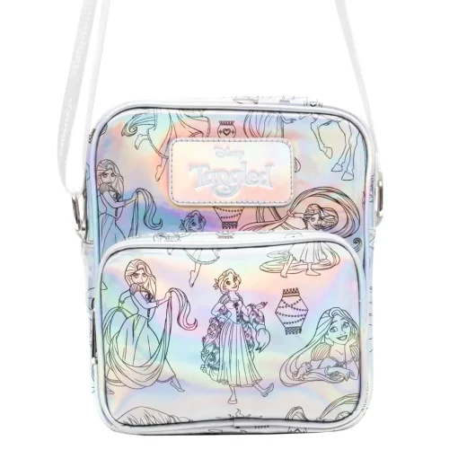 Disney Vegan Leather Cross Body Backpack with Adjustable Strap, Tangled Rapunzel Poses Iridescent Holographic
