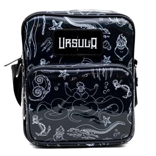 Disney Vegan Leather Cross Body Backpack with Adjustable Strap, The Little Mermaid Villain Ursula Poses Holographic Black/White