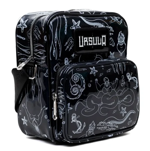 Disney Vegan Leather Cross Body Backpack with Adjustable Strap, The Little Mermaid Villain Ursula Poses Holographic Black/White