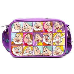 Disney Vegan Leather Crossbody bag with Adjustable Straps, Snow White the Seven Dwarfs Expression Blocks Purple, 8.5" x 6.0"