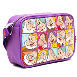Disney Vegan Leather Crossbody bag with Adjustable Straps, Snow White the Seven Dwarfs Expression Blocks Purple, 8.5" x 6.0"