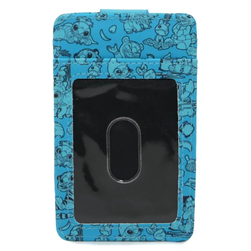 Disney Vegan Leather Wallet, ID Card Holder, Stitch Aladdin Dress Up Scene and Poses Scattered Blue