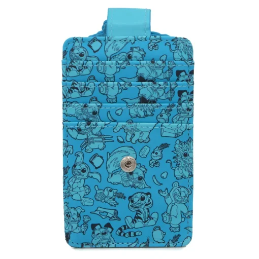 Disney Vegan Leather Wallet, ID Card Holder, Stitch Aladdin Dress Up Scene and Poses Scattered Blue
