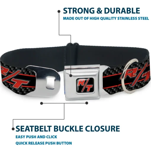 Dodge Challenger R/T Emblem Full Color Black/White/Red Seatbelt Buckle Collar - Dodge Challenger R/T Emblem/Carbon Fiber Stripe Grays/Black/Red