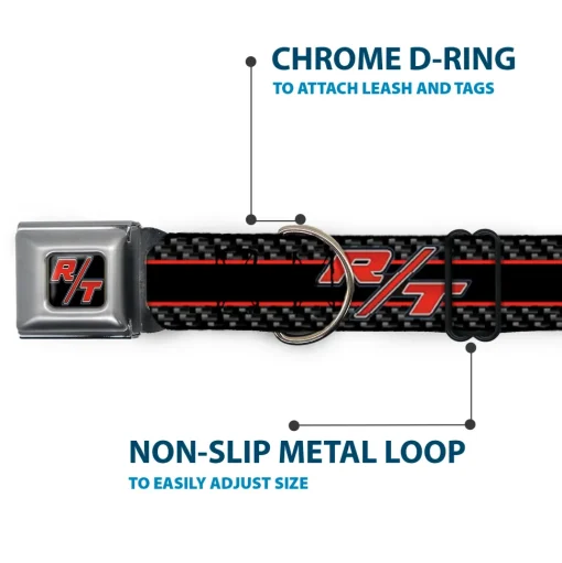 Dodge Challenger R/T Emblem Full Color Black/White/Red Seatbelt Buckle Collar - Dodge Challenger R/T Emblem/Carbon Fiber Stripe Grays/Black/Red