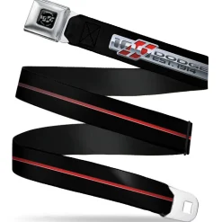 Dodge 100th Anniversary Logo Brushed Silver Black Seatbelt Belt - Dodge 100th Anniversary Rhombus/Stripe Black-Gray Swirl/Red Webbing