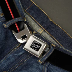 Dodge 100th Anniversary Logo Brushed Silver Black Seatbelt Belt - Dodge 100th Anniversary Rhombus/Stripe Black-Gray Swirl/Red Webbing