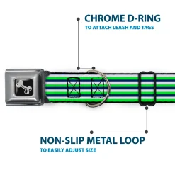 Dog Bone Black/Silver Seatbelt Buckle Collar - Fine Stripes White/Neon Green/Navy