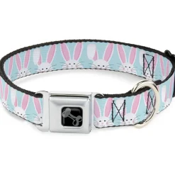 Dog Bone Black/Silver Seatbelt Buckle Collar - Easter Bunnies Smiling Sky Blue