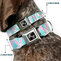 Dog Bone Black/Silver Seatbelt Buckle Collar - Easter Bunnies Smiling Sky Blue