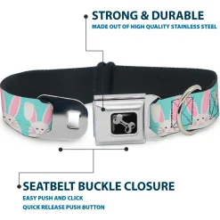 Dog Bone Black/Silver Seatbelt Buckle Collar - Easter Bunnies Smiling Sky Blue
