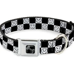 Dog Bone Black/Silver Seatbelt Buckle Collar - Smiley Sad Face Checker Black/White