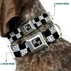 Dog Bone Black/Silver Seatbelt Buckle Collar - Smiley Sad Face Checker Black/White