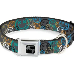 Dog Bone Black/Silver Seatbelt Buckle Collar - Smiley Face Crossbones Stacked Gray/Multi Color