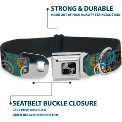 Dog Bone Black/Silver Seatbelt Buckle Collar - Smiley Face Crossbones Stacked Gray/Multi Color