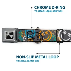 Dog Bone Black/Silver Seatbelt Buckle Collar - Smiley Face Crossbones Stacked Gray/Multi Color