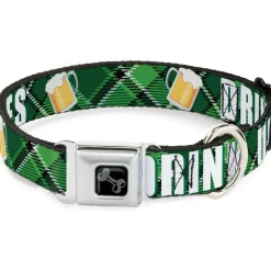 Dog Bone Black/Silver Seatbelt Buckle Collar - St. Pat's DRINK UP BITCHES/Beer Mugs/Stacked Shamrocks Greens/White/Gold