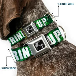 Dog Bone Black/Silver Seatbelt Buckle Collar - St. Pat's DRINK UP BITCHES/Beer Mugs/Stacked Shamrocks Greens/White/Gold