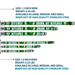 Dog Bone Black/Silver Seatbelt Buckle Collar - St. Pat's DRINK UP BITCHES/Beer Mugs/Stacked Shamrocks Greens/White/Gold