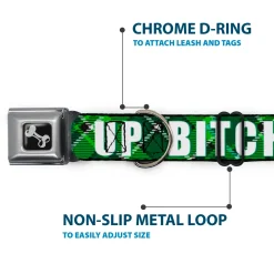 Dog Bone Black/Silver Seatbelt Buckle Collar - St. Pat's DRINK UP BITCHES/Beer Mugs/Stacked Shamrocks Greens/White/Gold