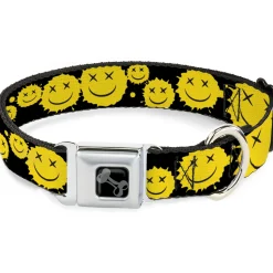 Dog Bone Black/Silver Seatbelt Buckle Collar - Smiley Face Splatter Scattered Black/Yellow