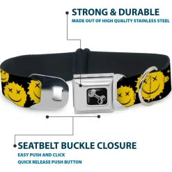 Dog Bone Black/Silver Seatbelt Buckle Collar - Smiley Face Splatter Scattered Black/Yellow