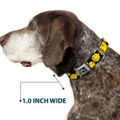 Dog Bone Black/Silver Seatbelt Buckle Collar - Smiley Face Splatter Scattered Black/Yellow