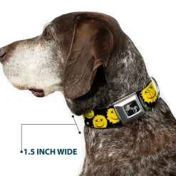 Dog Bone Black/Silver Seatbelt Buckle Collar - Smiley Face Splatter Scattered Black/Yellow