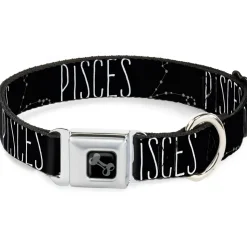 Dog Bone Black/Silver Seatbelt Buckle Collar - Zodiac PISCES/Constellation Black/White