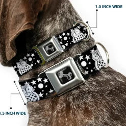 Dog Bone Black/Silver Seatbelt Buckle Collar - Owls Black/White2