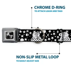 Dog Bone Black/Silver Seatbelt Buckle Collar - Owls Black/White2