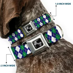 Dog Bone Black/Silver Seatbelt Buckle Collar - Argyle Navy/Green/White/Gold