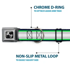 Dog Bone Black/Silver Seatbelt Buckle Collar - Stripes Navy/Neon Green/Silver/White