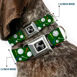 Dog Bone Black/Silver Seatbelt Buckle Collar - Golf Balls/Tees Scattered Green/Multi Color