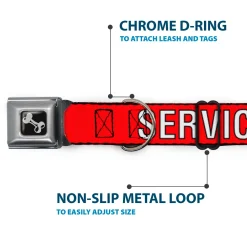 Dog Bone Black/Silver Seatbelt Buckle Collar - SERVICE DOG Red/Black/White