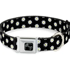 Dog Bone Black/Silver Seatbelt Buckle Collar - Daisies Scattered Black/White/Yellow