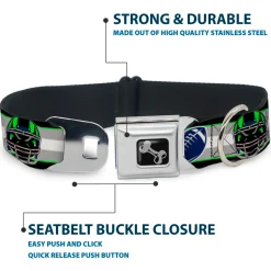 Dog Bone Black/Silver Seatbelt Buckle Collar - Football/Helmet Stripe2 Black/Neon Green/Silver/White/Blue